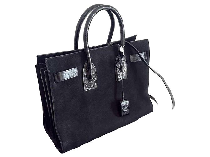 Saint Laurent Sac De Jour Tote Bag ante negro y cuero cocodrilo