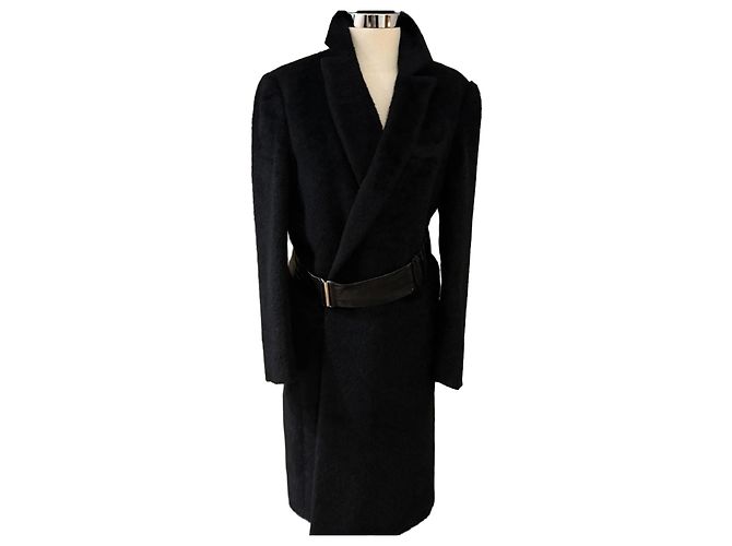 Agnona Black Alpaca Wool Blend Wrap Coat with Leather Belt