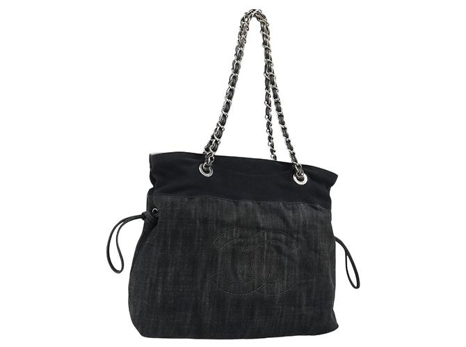 CHANEL COCO Mark Chain Shoulder Bag Denim Black Silver CC Auth 180492SAV Noir Argenté
