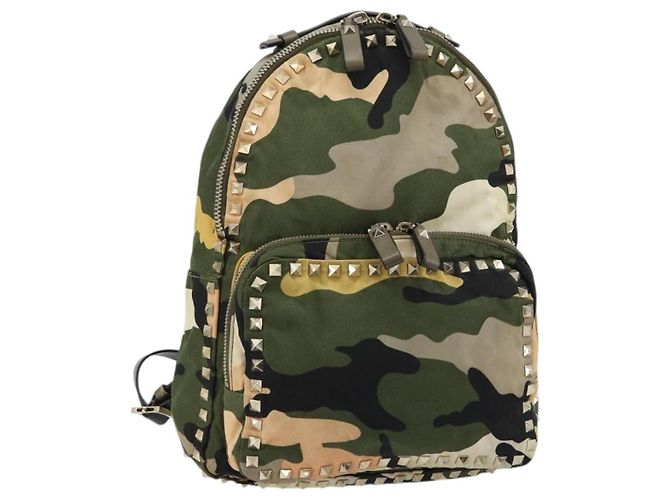 VALENTINO Studs Camouflage Rucksack Nylon Khaki Gold Auth bs35140 Golden