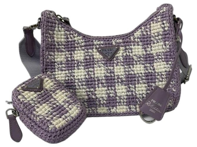 Prada Re-Edition 2005 Bolsa de Ráfia Xadrez Branco Roxo