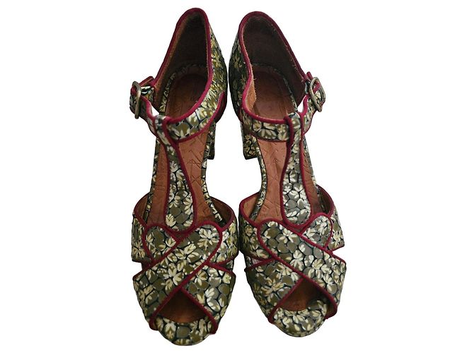 Chie Mihara Floral Print Leather Sandals Red Green Yellow