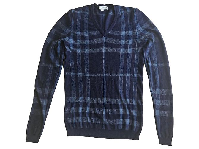 Burberry London V-Ausschnitt Wollpullover Karomuster Grau Dunkelblau