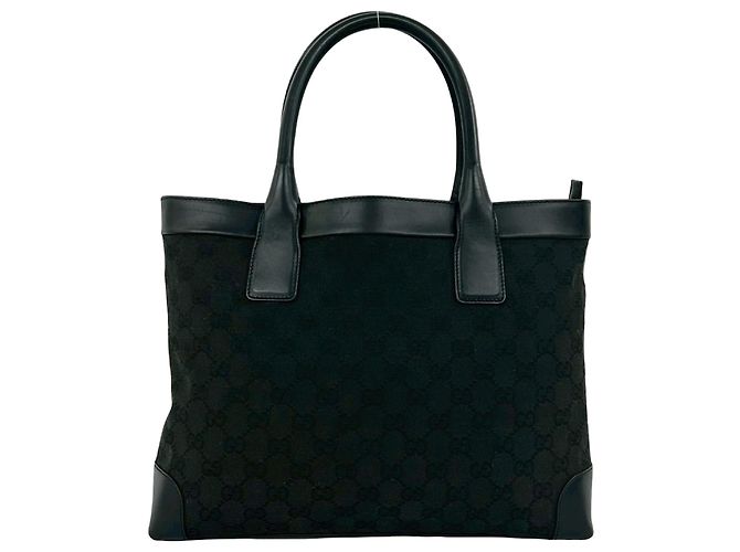 Bolsa Tote de lona GG Pattern e couro Gucci Preto
