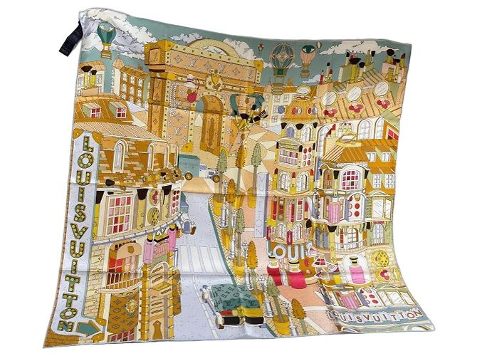 Louis Vuitton Lenço de seda 'Cidade das Estrelas' Marrom Branco Multicor Bege Gold hardware