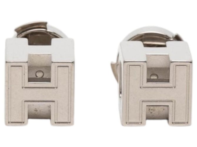 Hermès Hermes Cage d'H H-Cube Stud Earrings Silvery