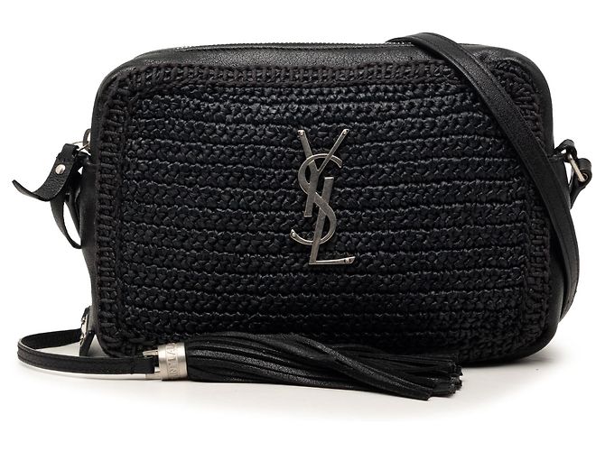 Borsa Camera Lou in rafia intrecciata e pelle nera Saint Laurent Nero