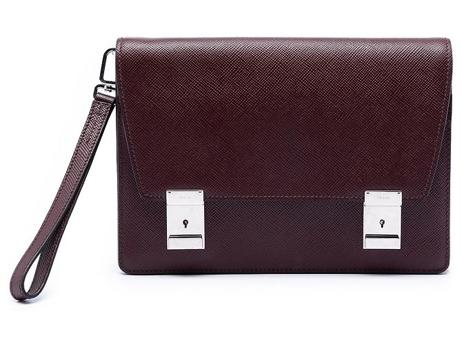 Clutch convertible de Saffiano rojo con doble cierre Prada Roja Burdeos