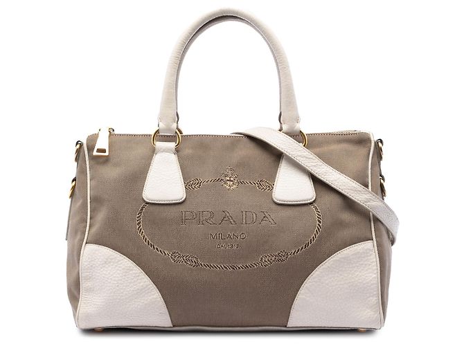 Bolsa satchel Prada em lona Canapa marrom com acabamento em Vitello Daino Castanho claro