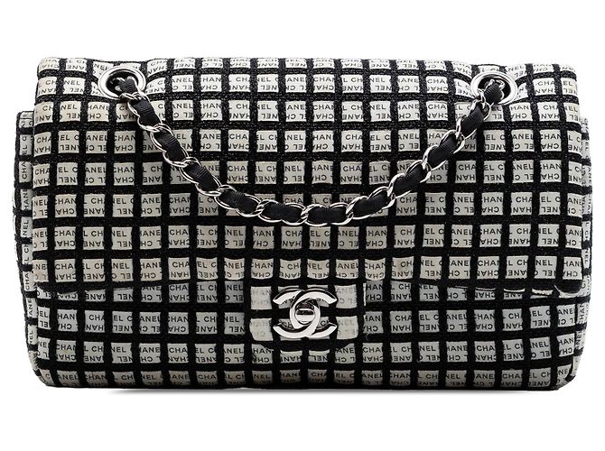 Chanel Black Medium Classic Tweed e Ribbon Logo Double Flap Nero