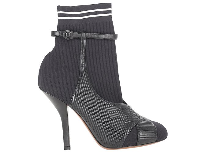 Fendi Striped Sock Ankle Boots in Black Leather