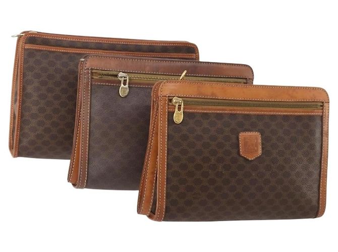 Céline Clutch CELINE Macadam Canvas PVC Couro 3 Set Marrom Auth 180239
