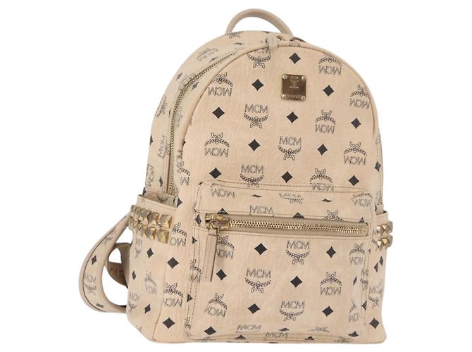 MCM Vicetos Logogram Rucksack PVC Leather Ivory Gold Auth 179462 Golden Roh