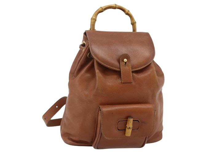 GUCCI Bamboo Backpack Leather Brown Gold 003 3444 0030 Auth bs35138