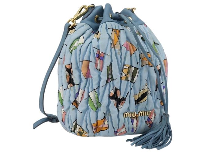 Borsa a Spalla Miu Miu Matelassé Nylon Azzurro Oro Auth 180284A D'oro Blu chiaro