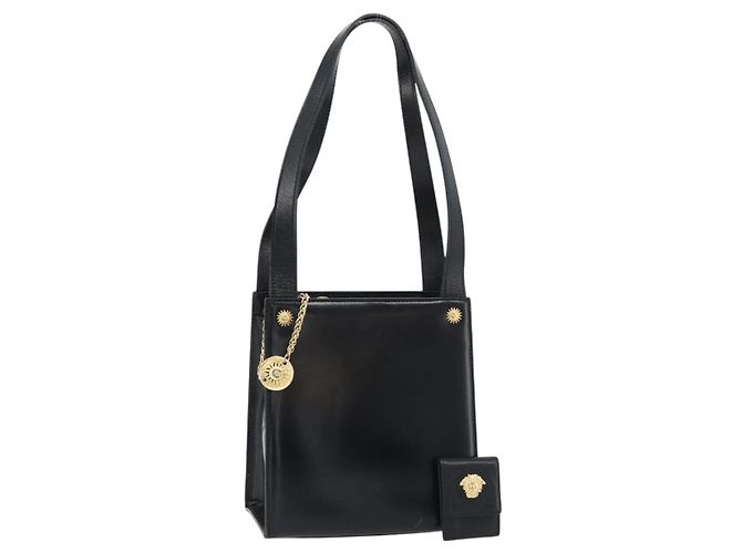 Bolsa de Ombro Gianni Versace em Couro Preto e Dourado Auth ka4376A