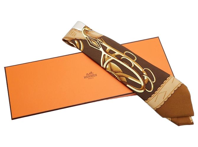 Hermès Cravatta Twilly 1974 Lift profile Brown Silk Twill Sciarpa di Seta Hermès Multicolore