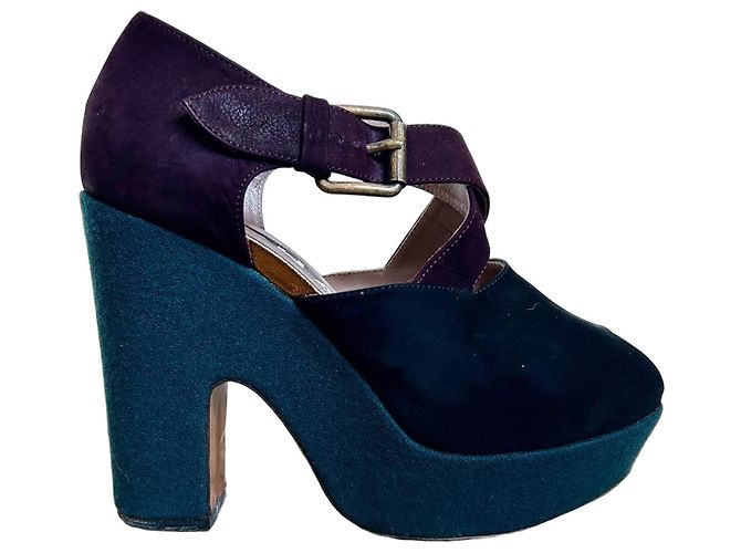 Sandali con zeppa Rochas in scamosciato e tessuto Blu chiaro Blu scuro Viola scuro