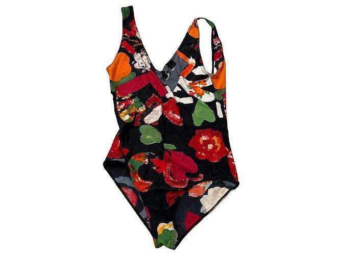 Chanel Einteiler-Badeanzug mit Blumenmuster Schwarz Weiß Rot Grün Orange Grau Gelb 