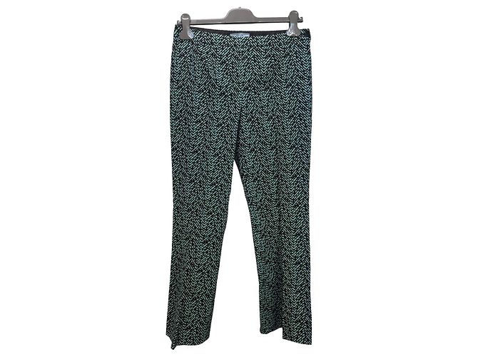 Prada Black & Teal Herringbone Wool Blend Trousers Light green