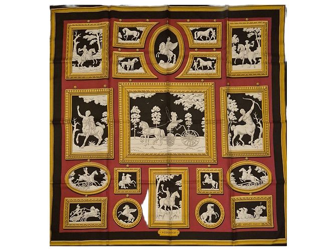 Hermès Lenço de seda 'Les Muses' Robert Dallet Preto Vermelho Dourado