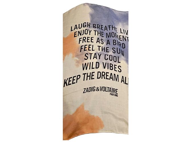 Zadig & Voltaire "Laugh Breathe Live" bedruckter Schal Weiß Blau Beige Orange Grau