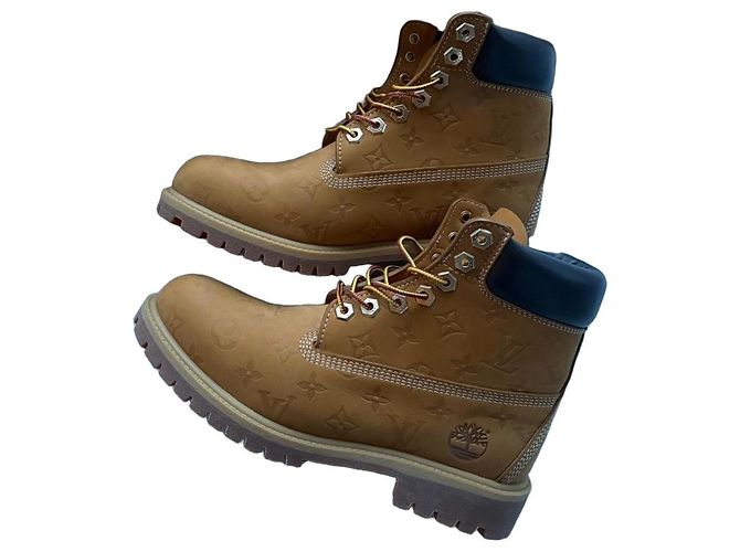 Louis Vuitton x Timberland Monogram Beige Leather Boots Brown