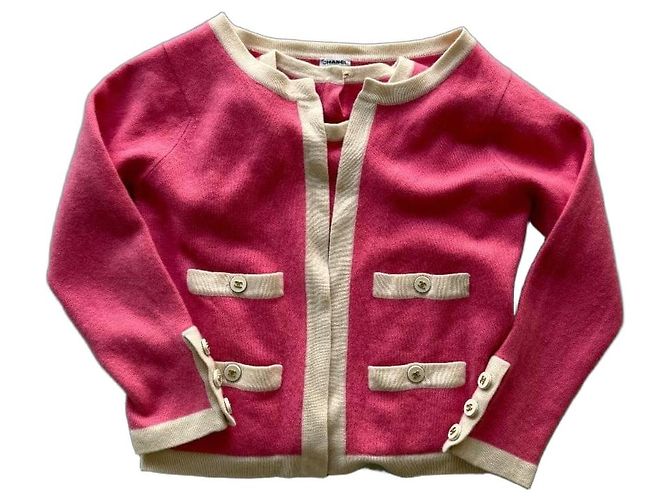 Cardigã de lã Chanel rosa e creme Cru