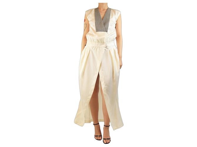 Brunello Cucinelli Vestido maxi com decote em V e detalhes monili - Creme - tamanho S Cru