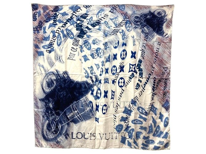Louis Vuitton Logo Silk Scarf White Red Blue