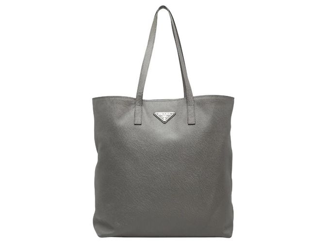 Prada Triangle Logo Plate Tote Bag aus grauem Saffiano-Leder Braun