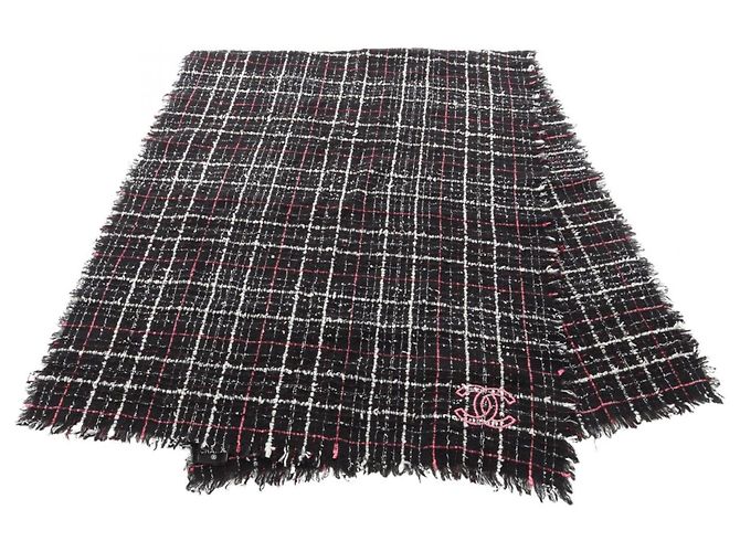 Stola in tweed Chanel Coco Mark Nero Rosa Bianco