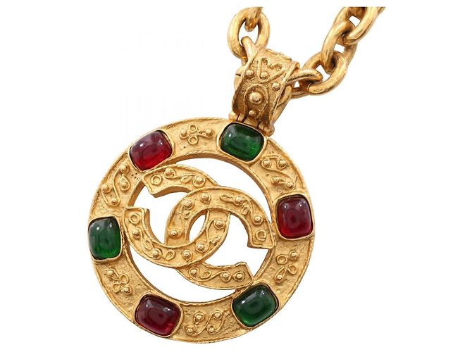 Collier Chanel Coco Mark Gripoix Rouge Doré Vert