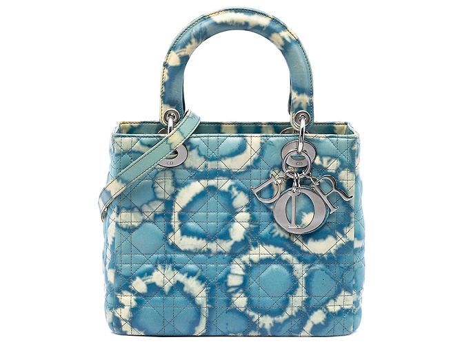 Lady Dior en piel de becerro azul con estampado tie dye, tamaño Medium Azul claro
