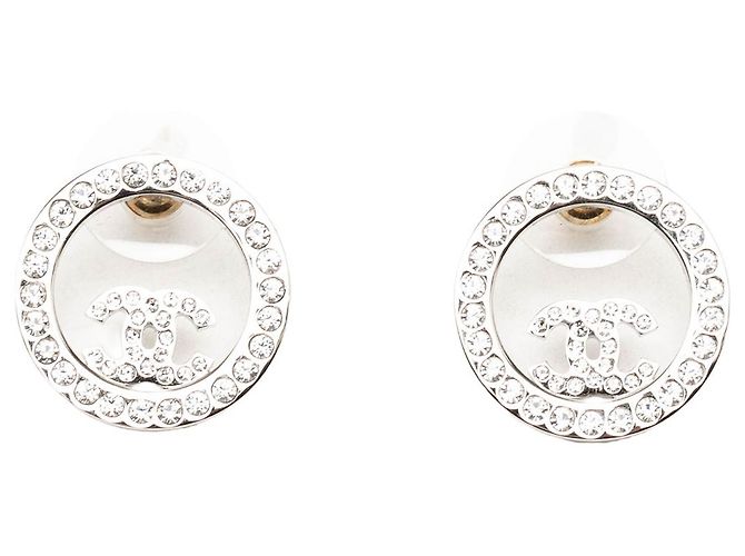 Orecchini Chanel Silver CC Brass Strass Push Back Argento 