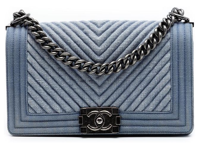 Chanel Blue Old Medium Chevron Denim Boy Flap Blu chiaro