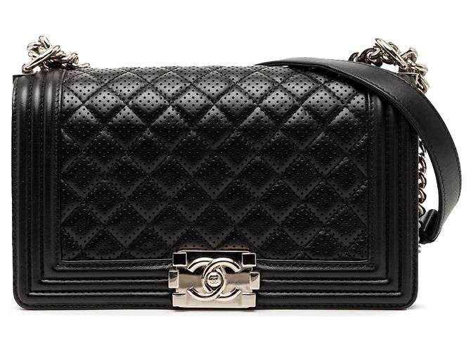 Chanel Black Old Medium Quilted Perforated Lambskin Boy Flap Nero