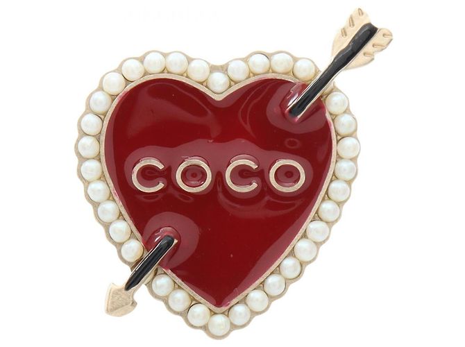 Chanel COCO Heart Brosche Weiß Rot Golden