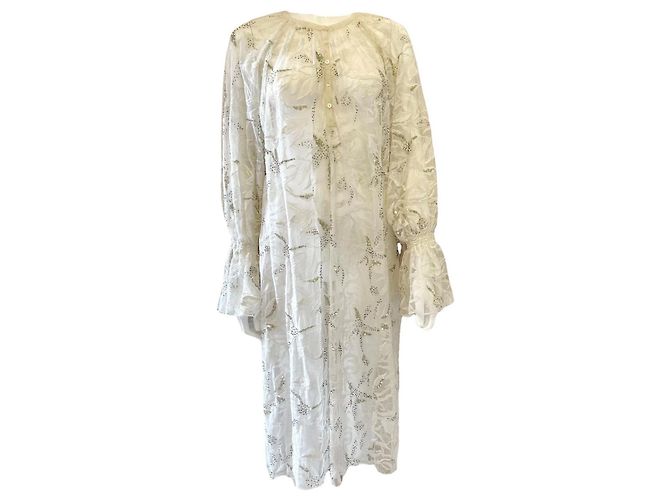 Antik Batik Langes Weißes Spitzenkleid Perlen Pailletten Aus weiß