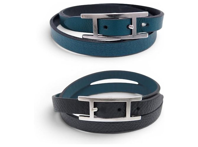 Hermès BRACELET HERMES BEHAPI DOUBLE TOUR EN CUIR SWIFT BLEU EPSOM NOIR T16 BANGLE