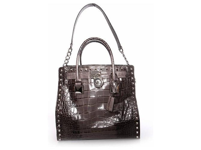 Michael Kors, bolsa tote Hamilton em couro com relevo de crocodilo cinza com ferragens prateadas.