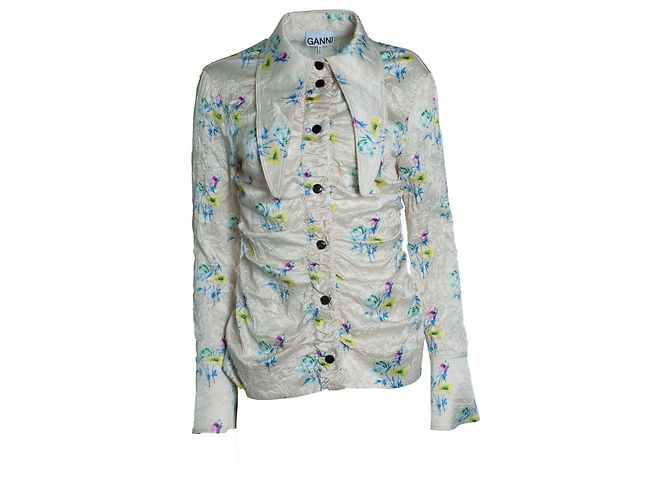 Ganni, Bluse mit Blumenmuster und Crinkle-Effekt Gelb