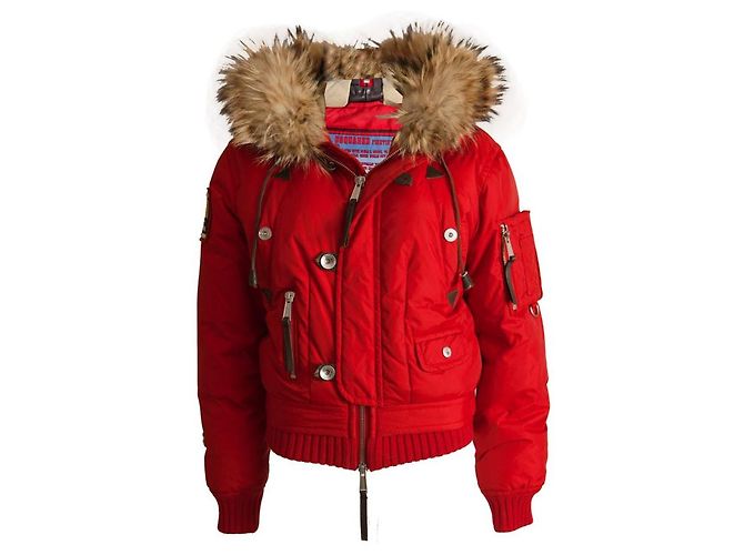 Dsquared2, red bomber parka with fur collar.