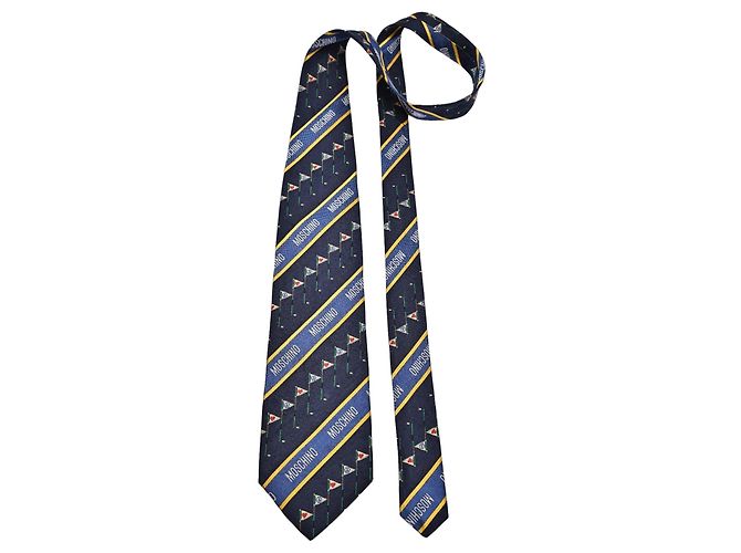 Moschino Seidenkrawatte Dunkelblau Golf-Print Rot Gelb