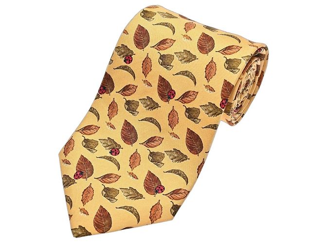 Yves Saint Laurent Silk Leaf and Ladybug Tie Brown Red Green Yellow