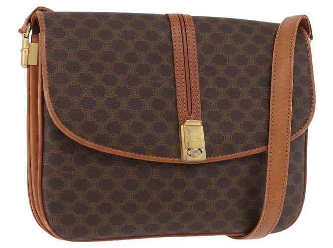 Céline Bolsa de Ombro CELINE Macadam Canvas PVC Couro Marrom Ouro Auth BA12811 Dourado