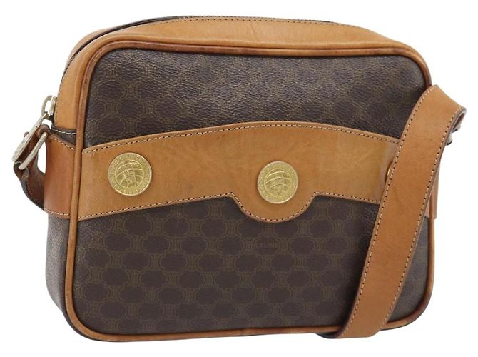 Céline Bolsa de Ombro CELINE Macadam Canvas PVC Couro Marrom Ouro Auth 180579A Dourado