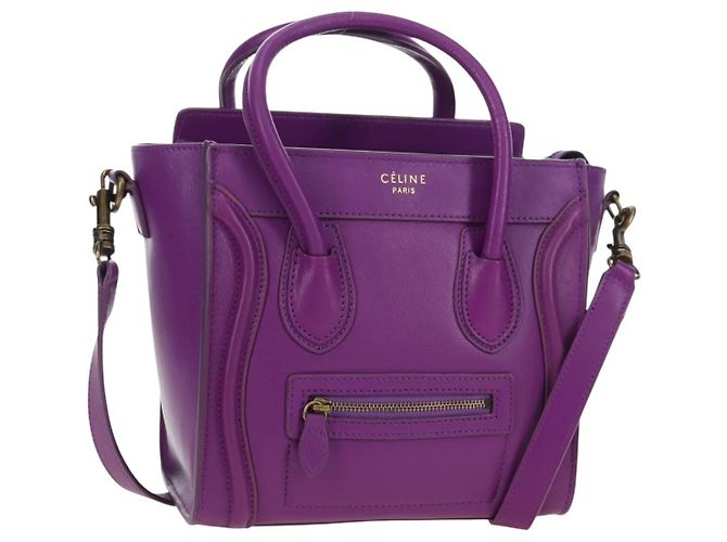Céline Bolso CELINE Luggage Micro Shopper de cuero 2way Púrpura Oro Auth 179426SAV Dorado
