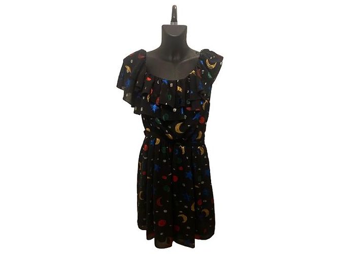 Schwarzes Seidenkleid von Saint Laurent mit Sternen- und Mondprint (2018)