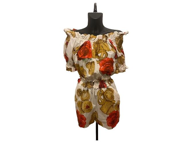 Macacão de ombro a descoberto em algodão com estampa de flores e biscoitos brancos Dolce & Gabbana (S/S18)